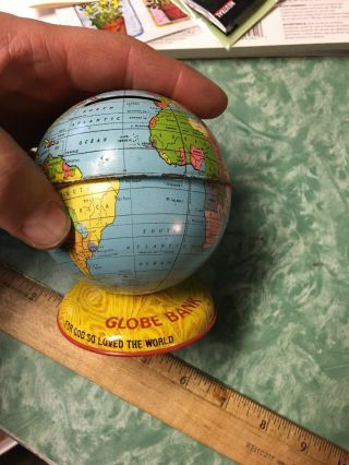 Chein Metal Globe Bank For God So Loved Old Vintage Antique Usa Lithograph