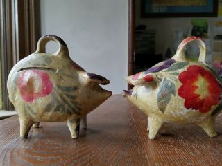 Two 1950 Vintage Mexican Pottery Pig Piggy Banks