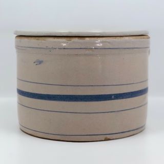Lidded Antique White And Blue Striped Stoneware Crock