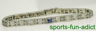 True Art Deco Diamond Sapphire 14k White Gold Filigree Panel Link Bracelet Vtg