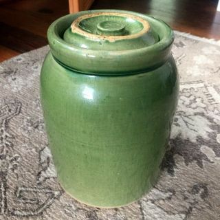 Rare Antique Stoneware Green Salt Glazed Small 9 1/2 " Pantry Jar Crock With Lid