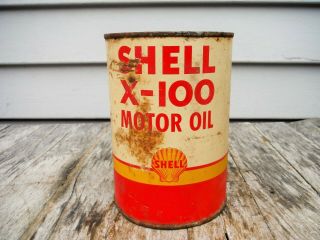 Vintage 1 Quart Shell X - 100 Motor Oil Can Metal Nr Man Cave Nr