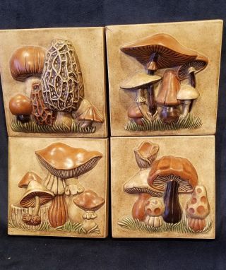 Antique/vintage Ceramic Tiles Relief/3d Mushrooms Hand Painted 5 " X 5 " Set Of 4