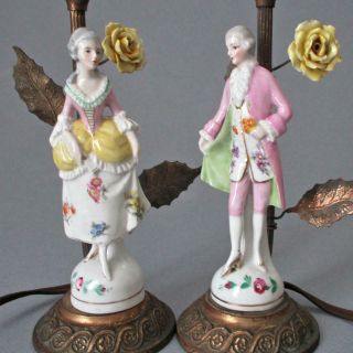 Pr Antique Boudoir Lamps Porcelain Figures,  Flowers W Tole Leaves Germany