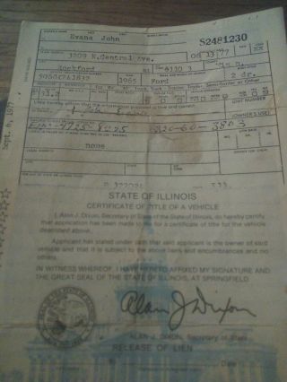 Vtg Car Title Illinois 1965 Ford 2 Dr Historical Document