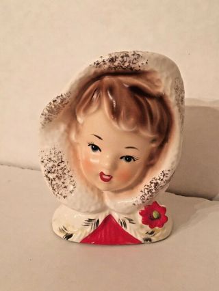 Vintage Inarco Christmas Lady Head Vase E1274 Holiday Hood Poinsettia