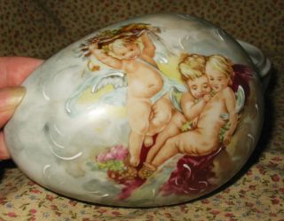 Antiq Vtg F.  M Limoges France Chubby Fat Cupid Angels Egg Shape Trinket Box Dish 3