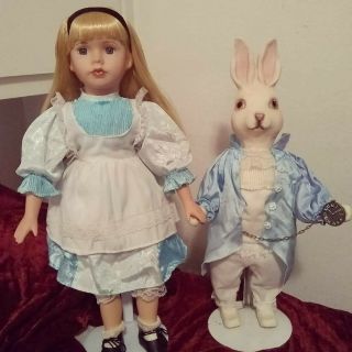 Alice In Wonderland Porcelain Doll And White Rabbit Vintage Book