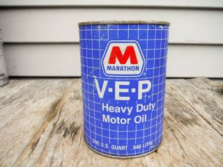 Vintage 1 Quart Marathon Vep Motor Oil Can Nr Man Cave Great Shape V - E - P