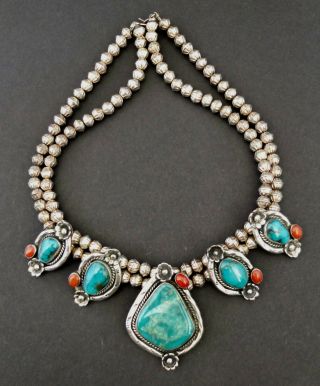 Vintage Handmade Southwestern Sterling Silver Turquoise And Coral Necklace By Jn