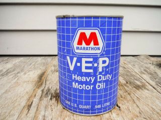 Vintage 1 Quart Marathon V - E - P Motor Oil Can Full Quart Nr Man Cave