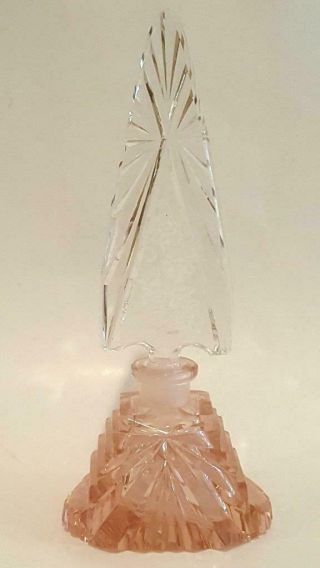 Vintage Czech / Crystal Pink & Clear Glass Tall Perfume Bottle W/ Intact Dauber