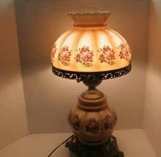 Vintage Milk Glass Floral Hand Painted 3 Way Electric Parlor Table Lamp 20 " Tall