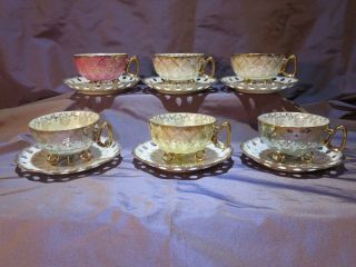 Vintage Set Of 6 Footed Teacups And Saucers Lusterwear Japan