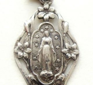 Art Nouveau Flowers Antique Silver Medal Pendant To Our Lady Of Lourdes
