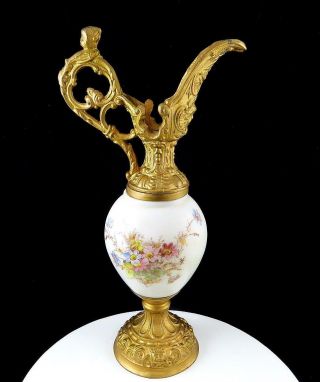 Victorian Era Hand Painted Floral & Gold Metal Figural Spout 13 1/8 " Ewer