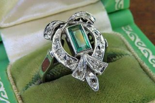 Vintage Palladium Art Deco Antique Retro Colombian Emerald Diamond Filigree Ring