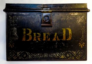 Late 19th - Early 20th C Antique Ornate Tin Bread Box,  W/lid & Gold/silver Stencil