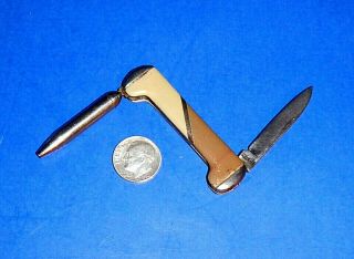 Vintage Brown/beige Imperial Prov Ri Usa Folding Pocket Knife & Ball Point Pen