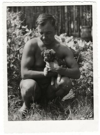 Vintage Gay Int Photo Handsome Shirtless Young Guy Playing W/ Puppy Dog