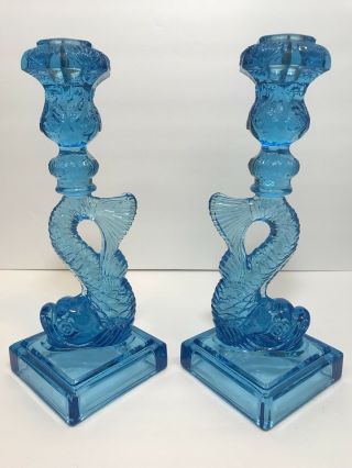 Vintage Mma Blue Glass Dolphin Koi Fish Candlestick Candle Holders Pair 10 1/2”