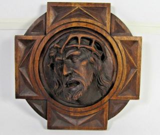 Wall Plaque French Antique Figure Jesus Christ Signed Hand Carved Wood Pediment
