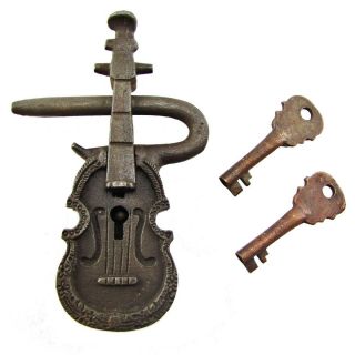 Large Antique Style Cast Iron & Brass Violin Shaped Padlock Lock/key Set 2 Keys