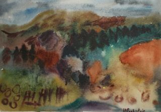 Vintage German Expressionist Landscape Watercolor Painting Signed H.  M.  Pechstein