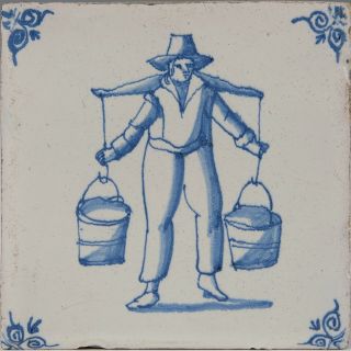 Dutch Delft Blue Tile,  Man With Yoke With Bucket,  Ca.  1700.