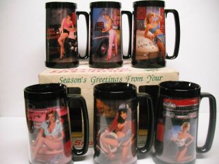 Vtg 1987 Snap - On Set Of 6 Mugs Cups,  Box Sexy Calendar Girls Models Toolmates