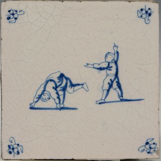 Dutch Delft Blue Tile,  Child Play,  18th.  Century.