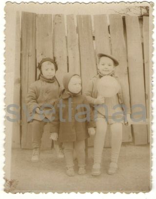 March 1963 Three Little Girls W/ Hats Neighbours Soviet Kids Ussr Vintage Photo