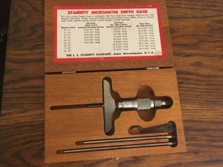 Vintage Starrett No.  445 Micrometer Depth Gage & Box Style Rods Usa