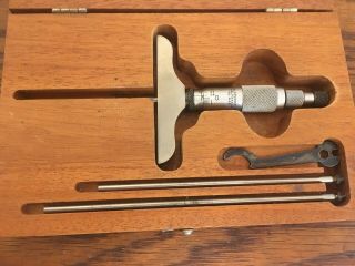 Vintage Starrett No.  445 Micrometer Depth Gage & Box Style Rods USA 2