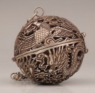 Old Antique Tibet Silver Pendant Incense Burner Ball Dragon Phoenix Sacred Yt