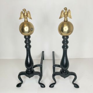 Brass Eagle Cannon Ball And Cast Iron Andirons 18” Height Fireplace Vintage