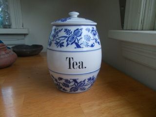 Antique 1890s Blue Onion Porcelain Tea Cannister Jar With Lid Germany