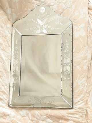 Antique Etched Venetian Glass Beveled Vanity Mirror Circa 1940 