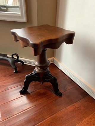 Vintage Victorian Piano Stool,  Wood With Cast Iron Legs And Square Topic