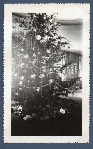 Vintage Found Photo Snapshot Ca.  1940s Tinsely Xmas Tree Ornaments Beads Lobby?