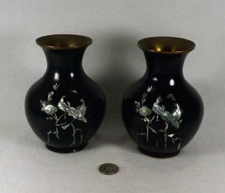 Vintage Matching Pair Japanese Black Lacquer & Brass Vases Mother Of Pearl 6 "