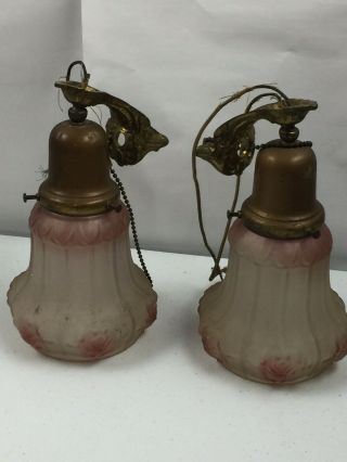 Vintage Antique Wall Sconces Light Fixtures Glass Shades With Pink Flowers