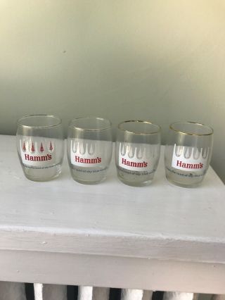 Four Vintage Hamms Beer Barrel Glasses With Gold Trim And Pine Trees