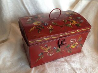 Antique Folk Art Painted Tin Toleware Document Deed Box Red Flowers Dome Lid