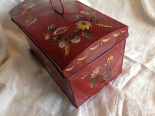 Antique FOLK ART painted tin toleware DOCUMENT DEED BOX red flowers dome lid 2