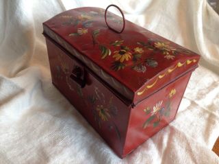 Antique FOLK ART painted tin toleware DOCUMENT DEED BOX red flowers dome lid 3