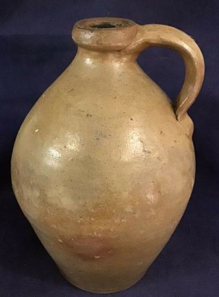 Antique Small Ovoid Salt Glaze Early Primitive Stoneware Jug W/strap Handle 11 " H