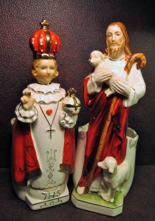 Vtg Jesus Christ Planter Vase Figurines The Shepherd / Infant Of Prague Statues