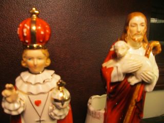 Vtg Jesus Christ Planter Vase Figurines The Shepherd / Infant of Prague Statues 2