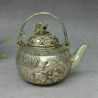 China Folk Copper Silver Cow Ox Style Bottle Teapot Flagon Wine Pot Statue